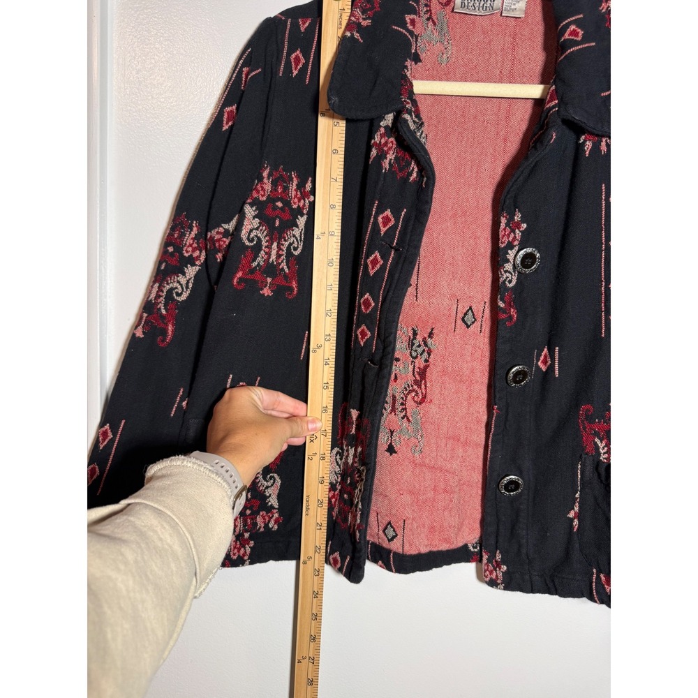 Chicos Design Black Red Ikat Embroidered Button Front Jacket Cotton Blend Size 1 - Picture 7 of 10